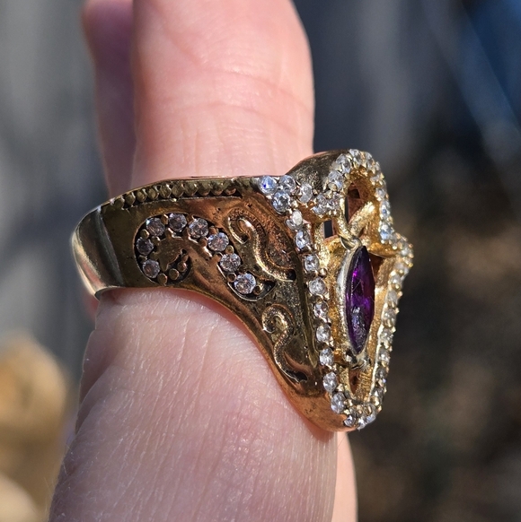 Amethyst & white Topaz Hamsa Sterling Bronze & Gold ring Sz8.5 - Picture 4 of 8